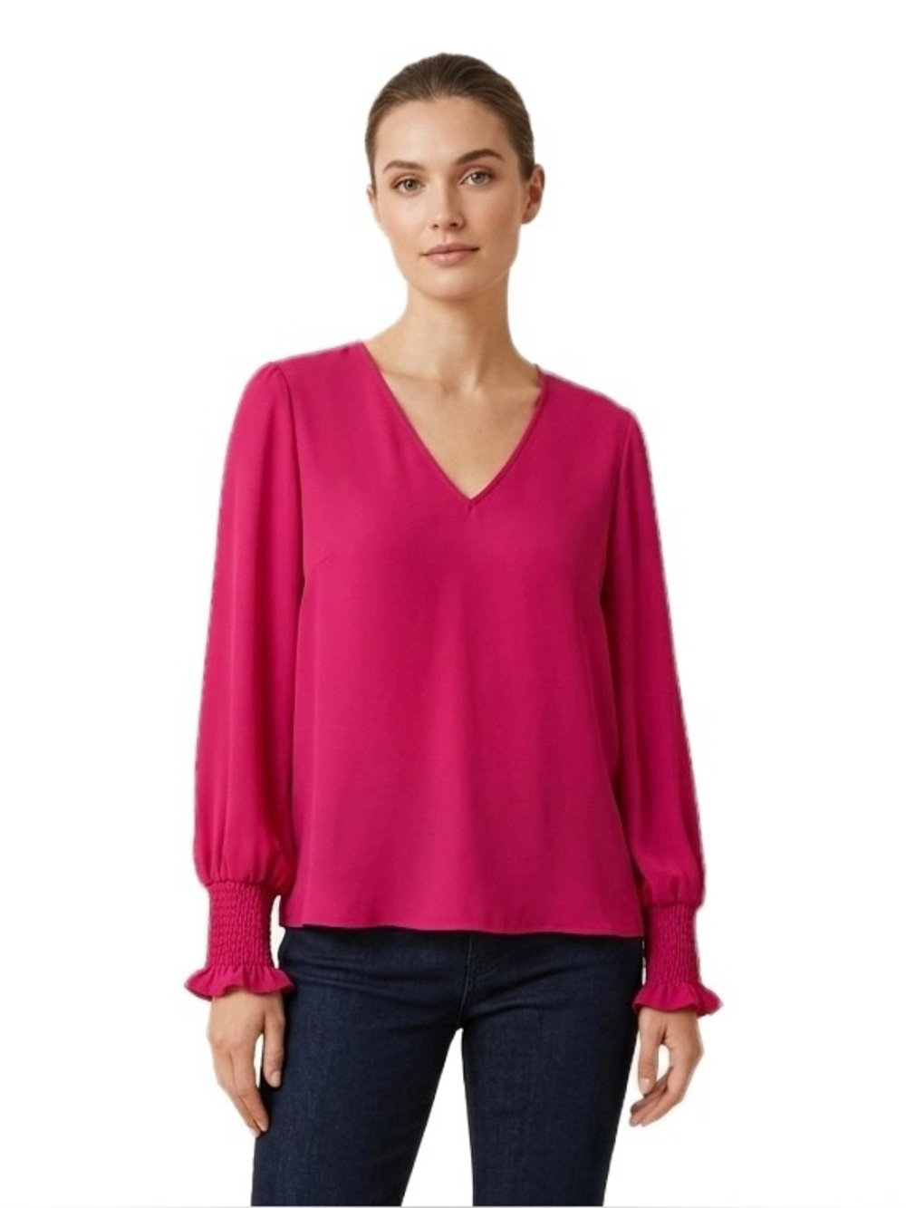 CeCe Hollywood Pink Smocked Cuffed Long Sleeve Blouse